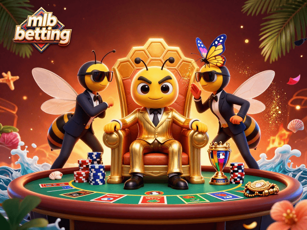 Engage in MLB betting strategy with an energetic scene of buzzing characters and dynamic gambling elements.