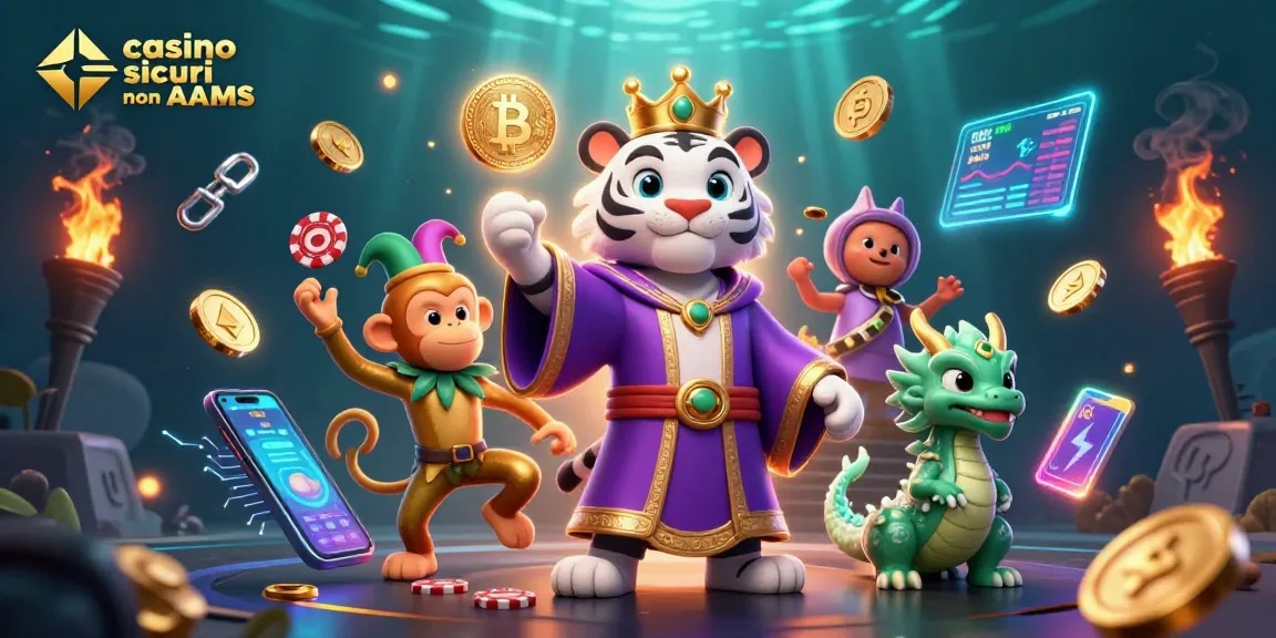 Giocare nei casino sicuri non AAMS con personaggi 3D colorati e elementi di criptovaluta stimolanti.