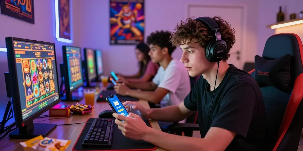 Engaged player using slot88 login on smartphone surrounded by vibrant gaming graphics.