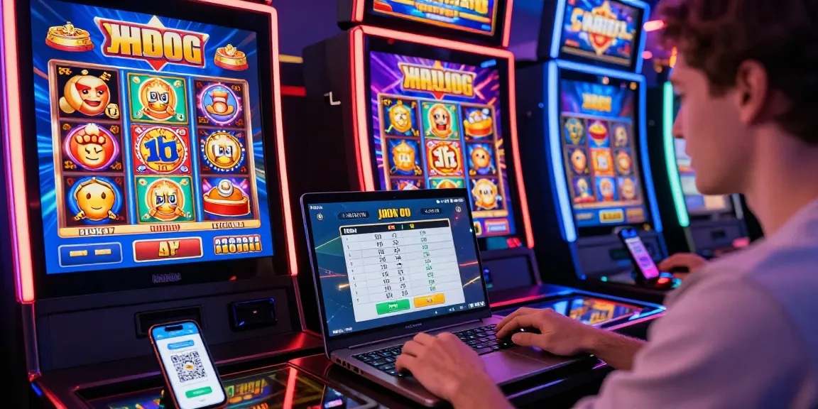 Player excitedly using slot deposit 1000 options on a laptop in a vibrant gaming room.