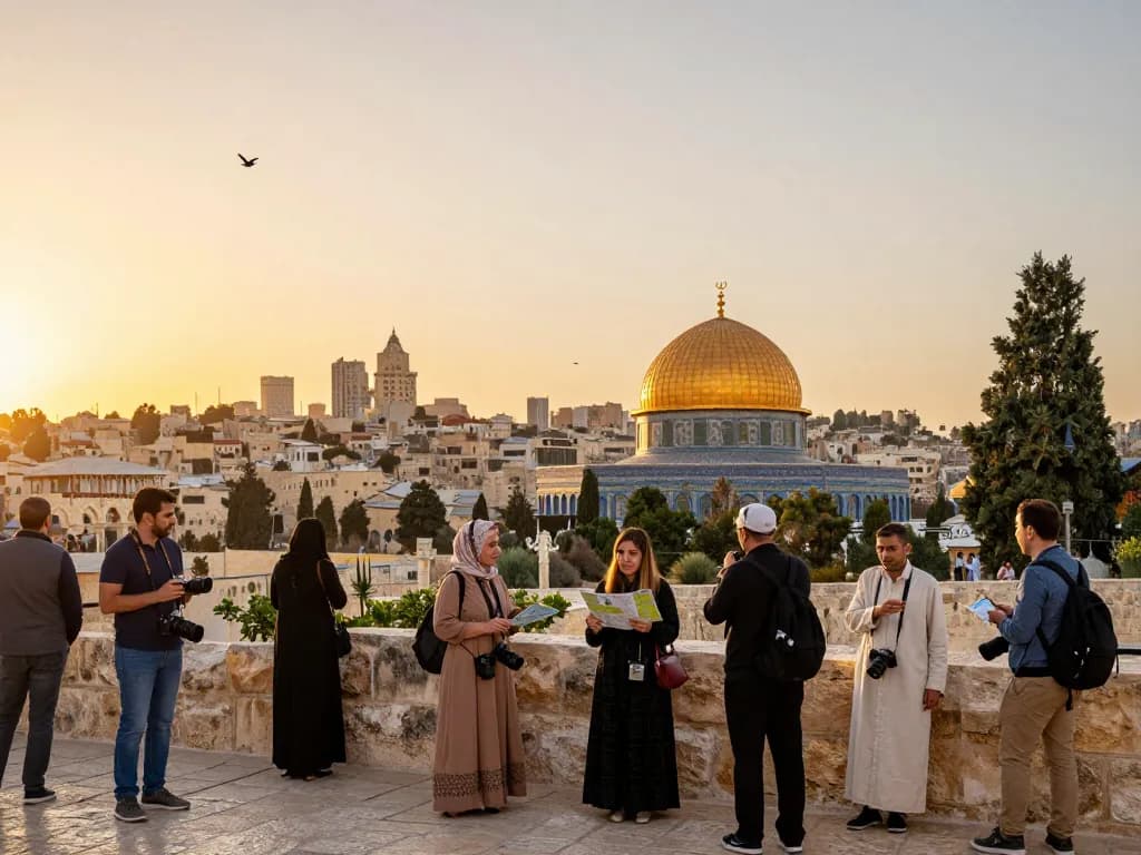 Tourists exploring Jerusalem’s Holy Site at sunset near the Dome of the Rock.