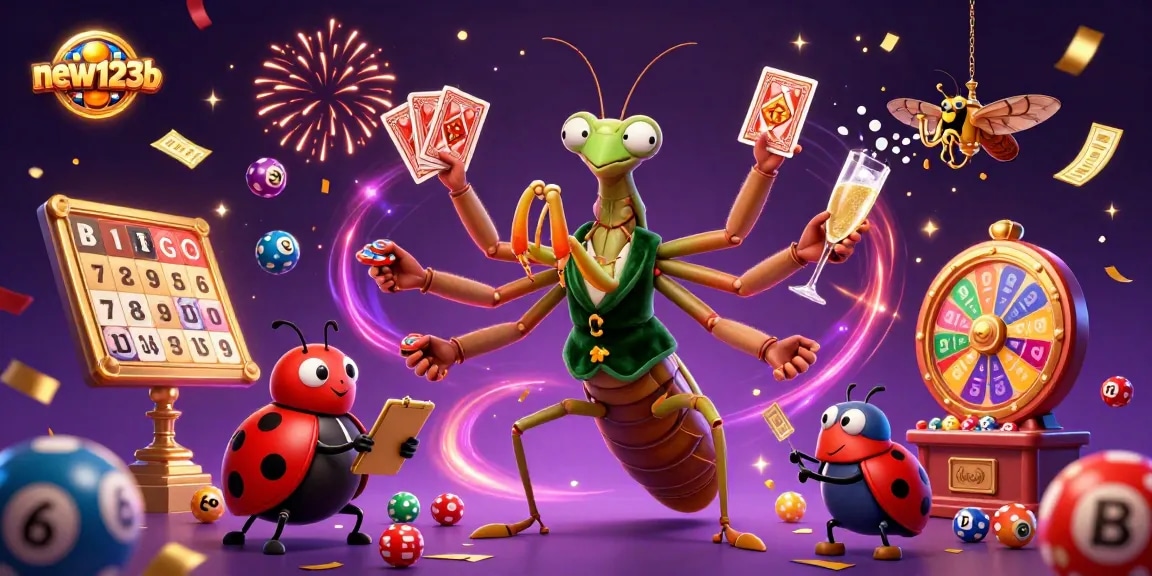 Experience thrilling gameplay at new123b with a giant mantis card sharp, ladybug pit boss, and vibrant lottery elements.