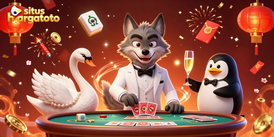 Experience the excitement at situs hargatoto with a vibrant 3D casino scene featuring charming characters and festive elements.