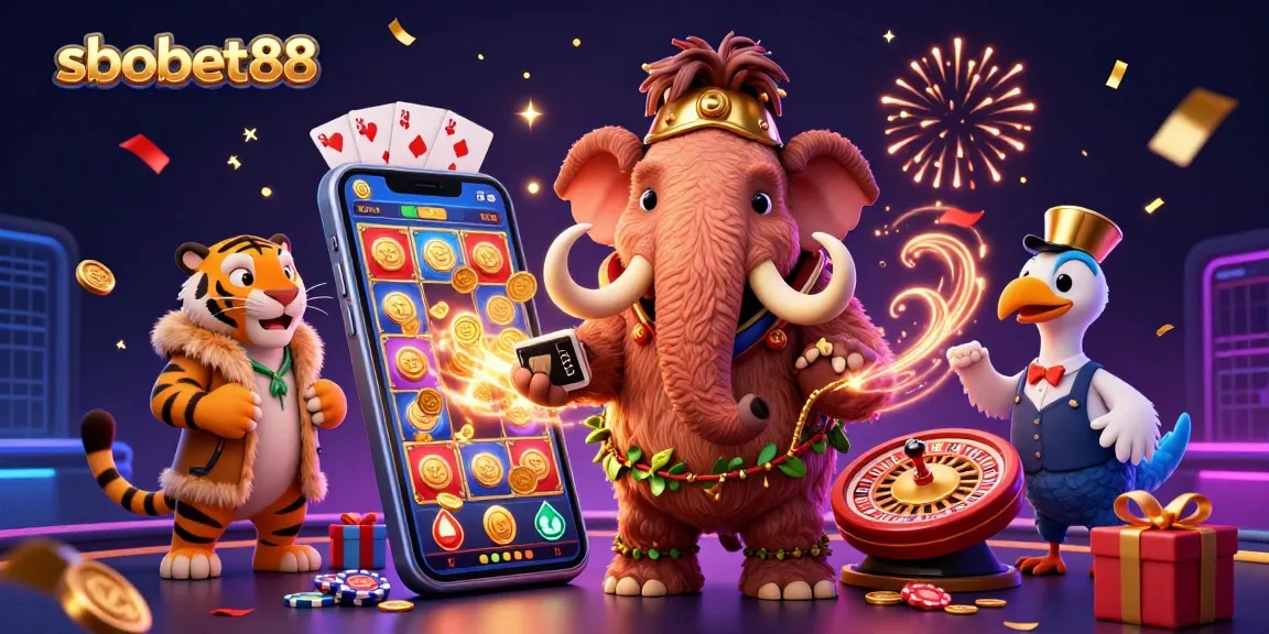 Engage with sbobet88 and enjoy exciting slot games in a vibrant casino scene featuring playful characters.
