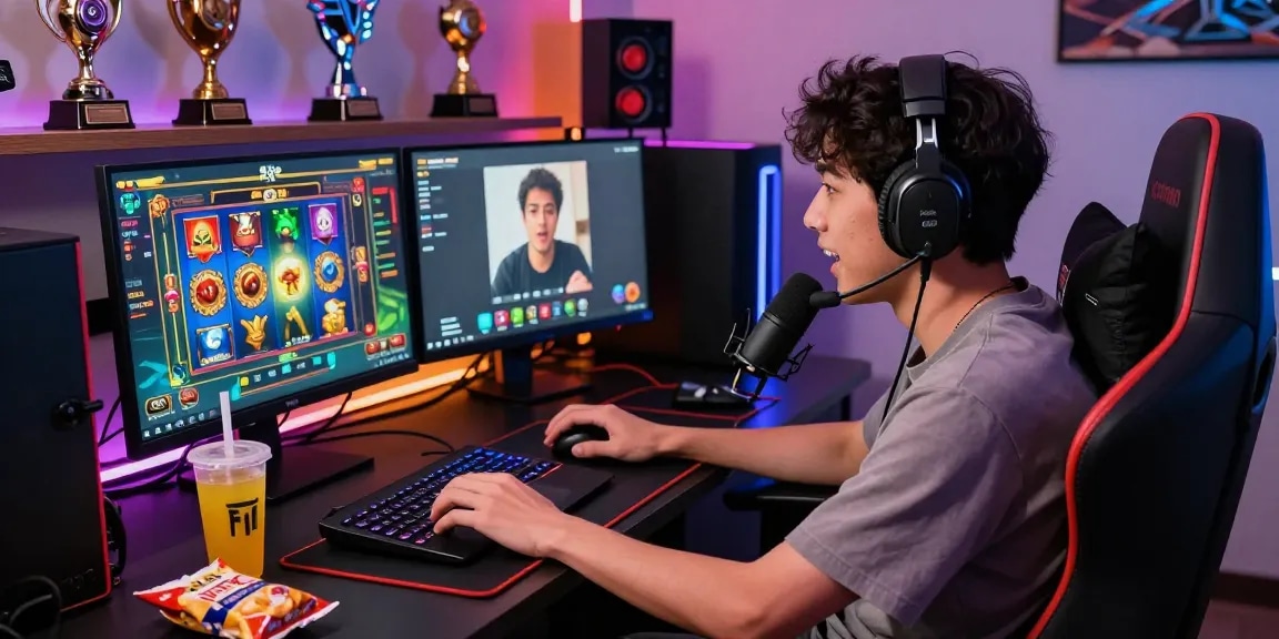 Engaging gaming scene with Playbook88 on a vibrant laptop, showcasing slot games in a cozy setup.