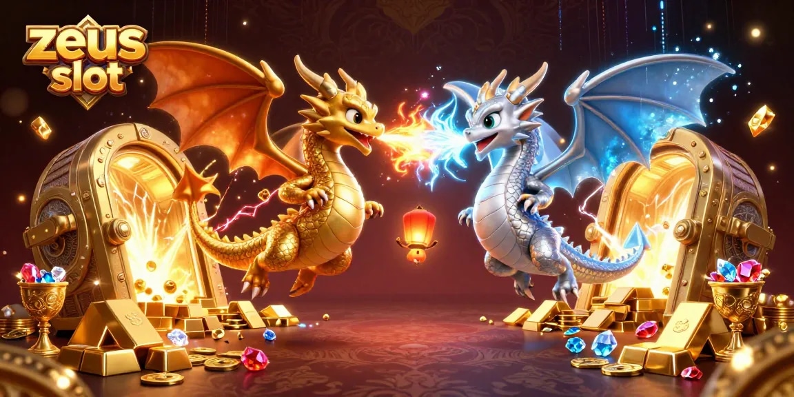 Experience the zeus slot excitement with twin dragons unleashing fire and ice amidst treasure.