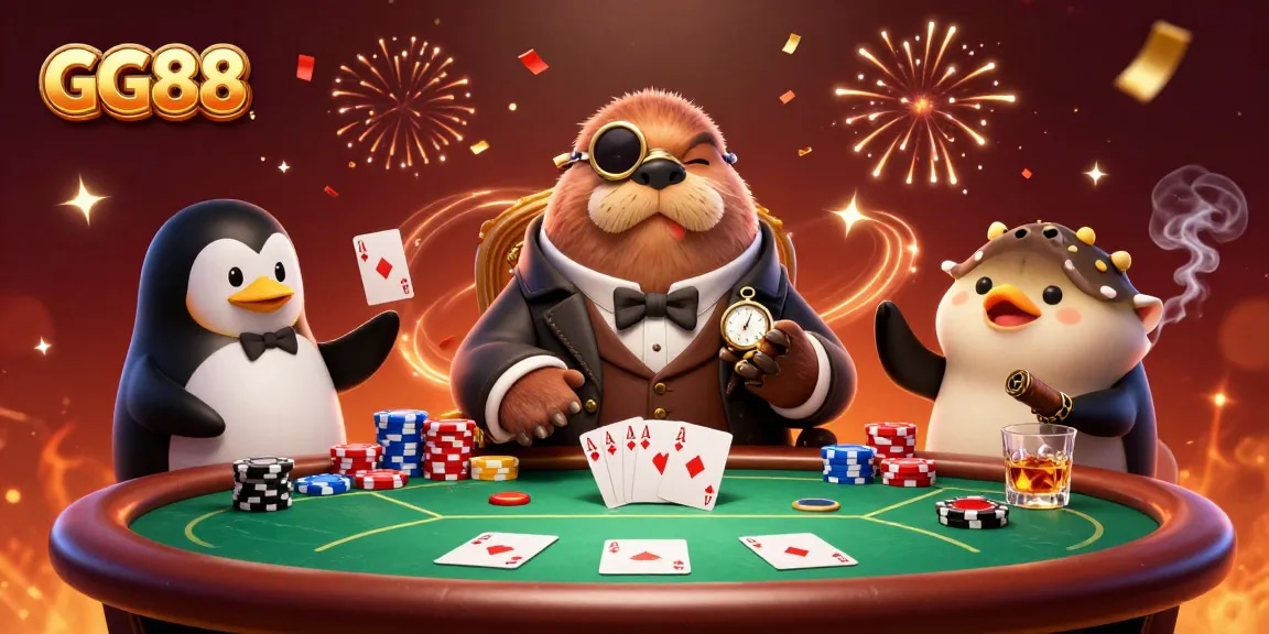 Experience poker action at GG88 with a jolly walrus, penguin dealer, and a bluffing pufferfish.
