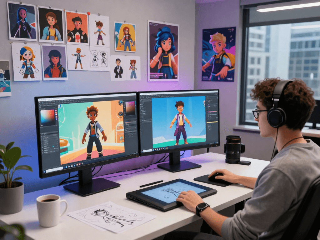 Creating character AI NSFW designs in a modern studio with vibrant screens and art supplies.