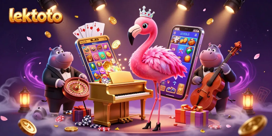 Experience the vibrant excitement of lektoto with a lively casino scene featuring a singing flamingo and hippo bassist.