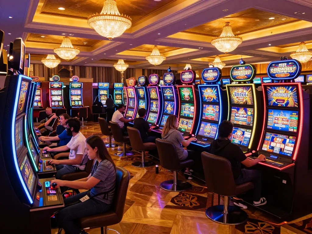 Các game thủ tận hưởng những máy slot thú vị tại sòng bạc luckywin với ánh đèn neon rực rỡ.