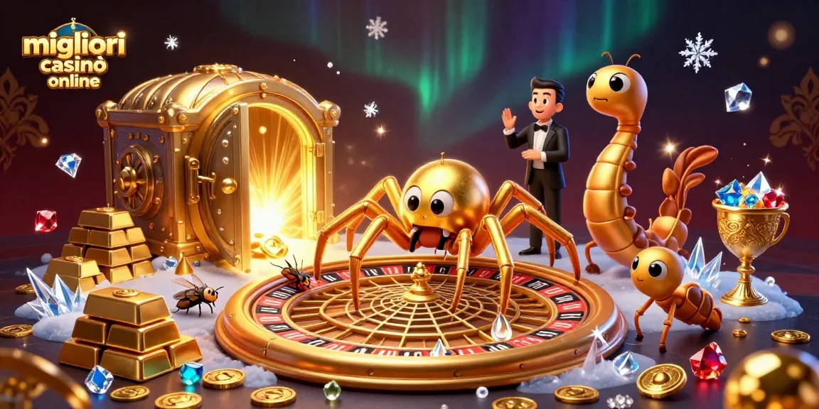 Scopri migliori casinò online in un'illustrazione 3D con una ragnatela a forma di roulette.