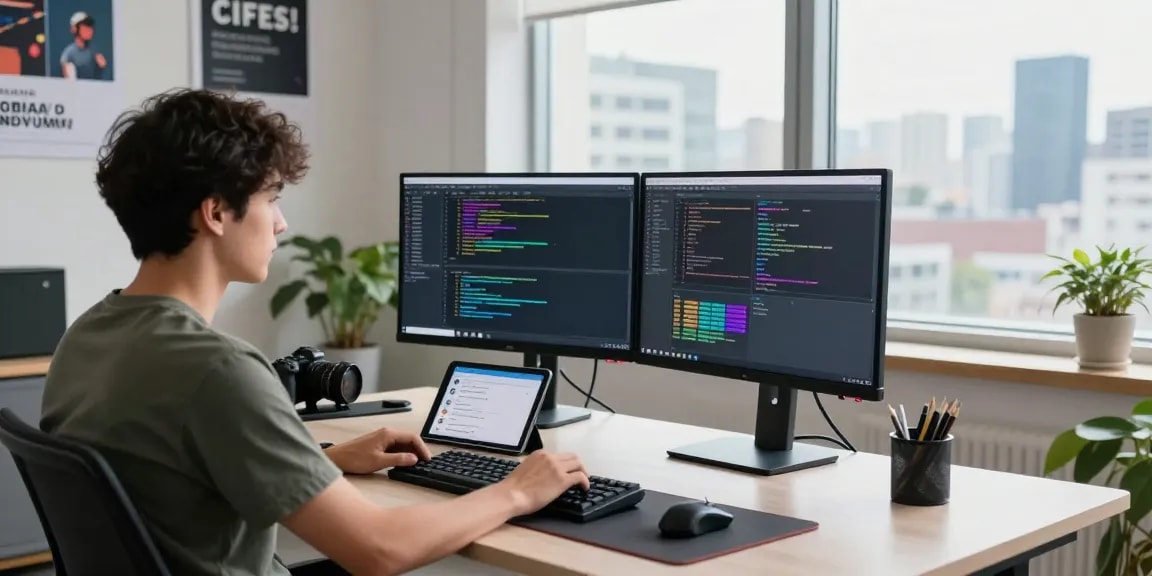 Developer coding at a modern workspace featuring telegram官网 integration for seamless communication.