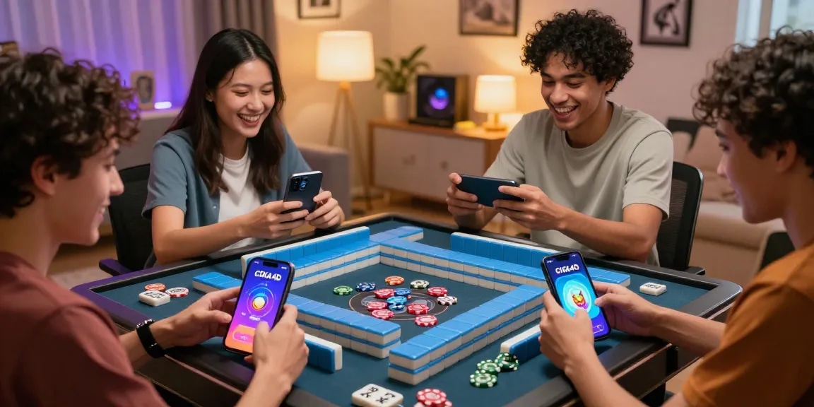 Friends playing Mahjong online with CIKA4D app on mobile devices in a cozy home.