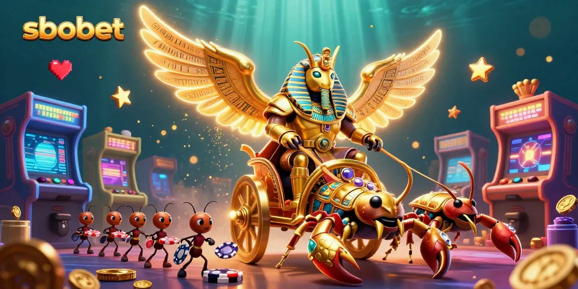 Experience sbobet with a vibrant casino scene featuring a golden scarab beetle and colorful game elements.