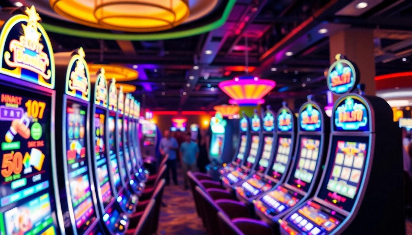 Slot77 menarik perhatian pemain di kasino modern dengan berbagai mesin slot warna-warni.