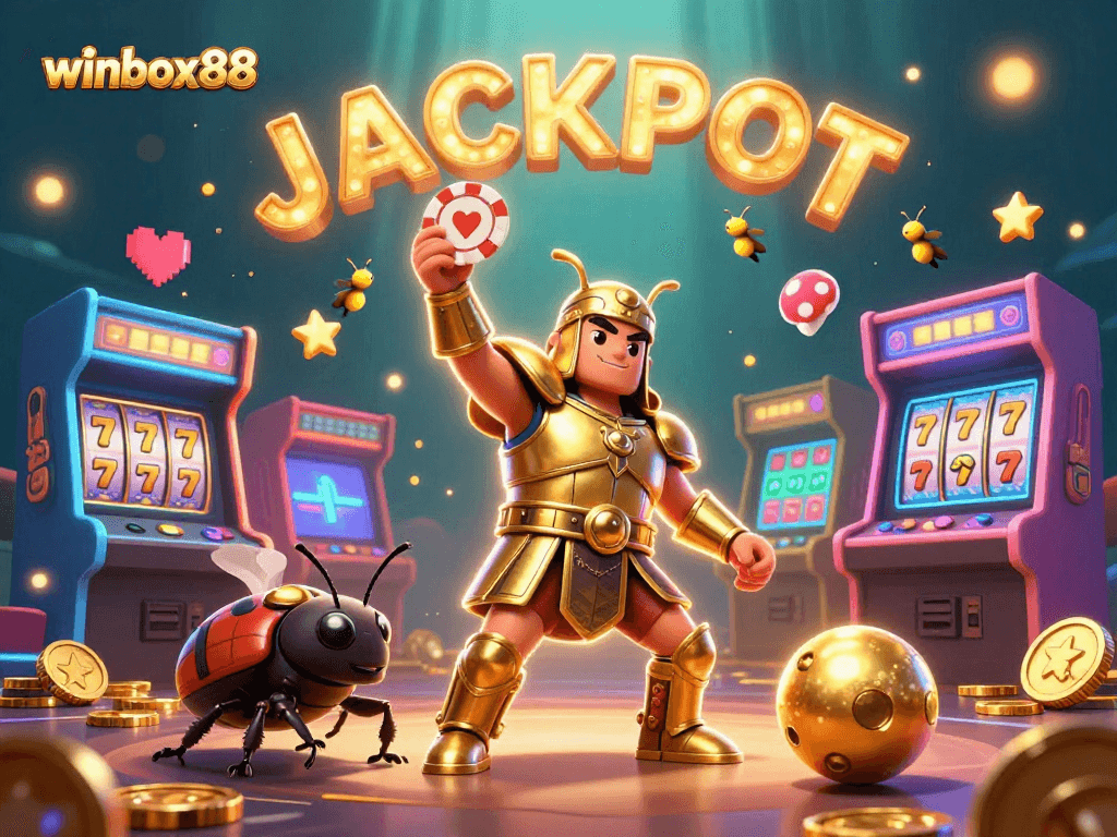 Engage with winbox88's thrilling jackpot scene featuring a victorious beetle and glittering casino elements.