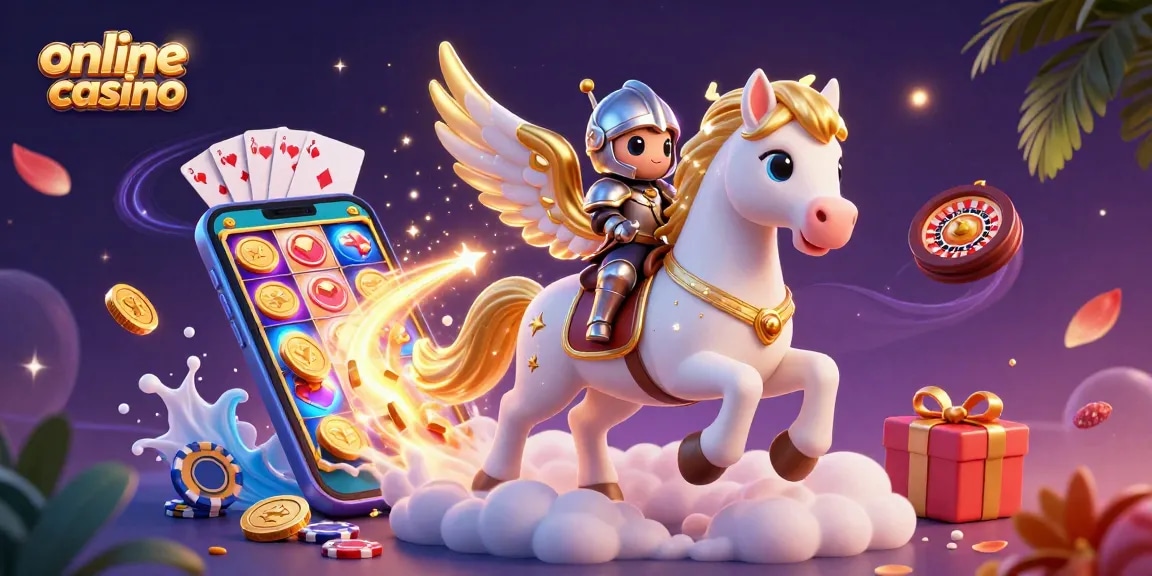 Experience the thrill of an online casino with a celestial horse and knight illustration amidst vibrant game elements.