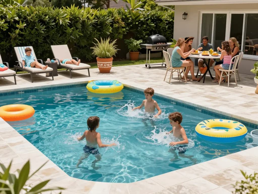 Dolphin Pool Services providing expert care in a vibrant backyard pool scene, featuring families enjoying summer splashes and relaxation.
