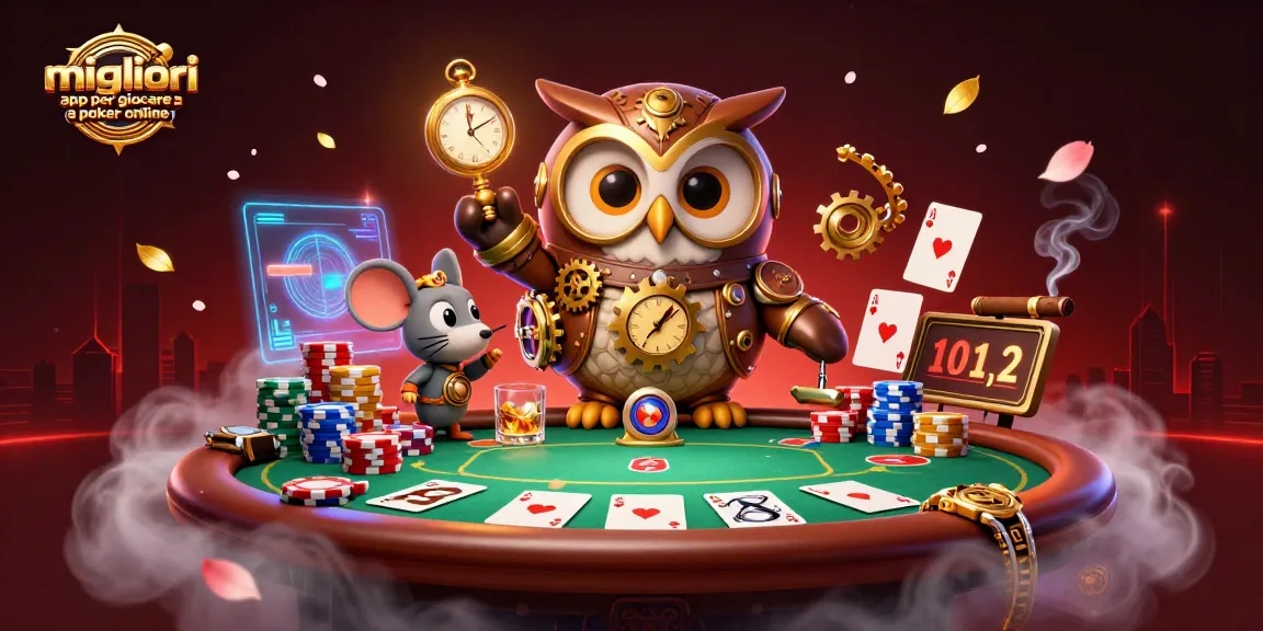 Scopri le migliori app per giocare a poker online con un'illustrazione coinvolgente di un gufo timelord nel casino.