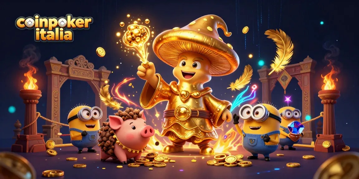 Gioca a CoinPoker Italia con un mago di funghi dorati e un maialino cercatore di tesori.