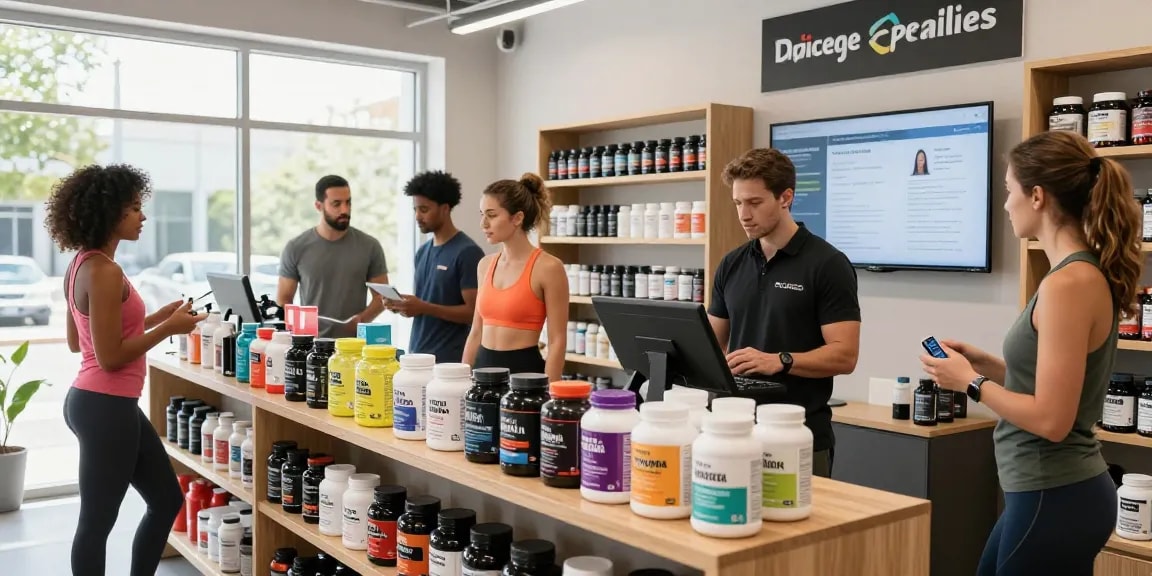 Consumers exploring quality products at Driada Medical Shop, showcasing anabolic supplements and wellness items in a vibrant fitness retail environment.