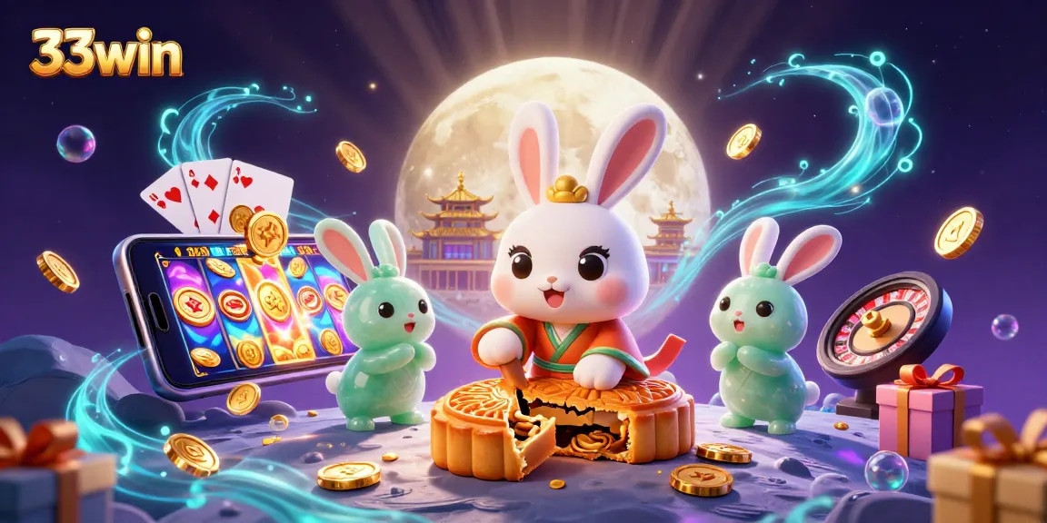 Experience thrilling games with 33win as the moon rabbit reveals poker chips amidst festive celebrations.