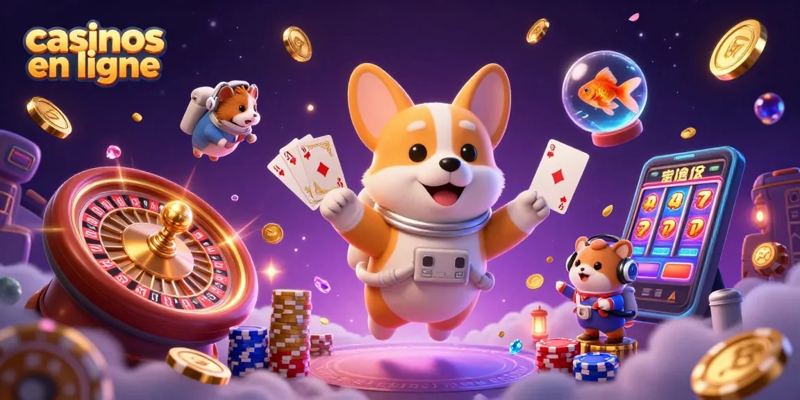 Jouez dans des casinos en ligne avec un corgi astronaute, des jetons et des pièces d'or flottants.