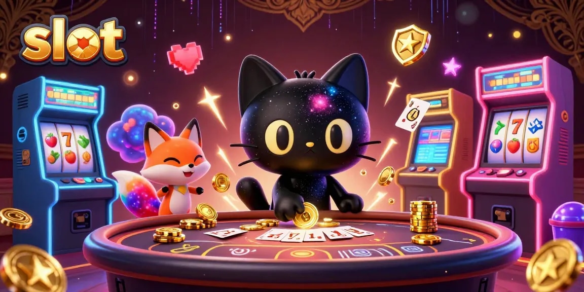 Spin exciting slot reels with a cosmic cat and fox in a vibrant casino scene.