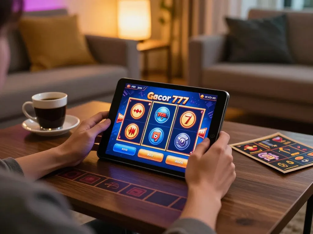 Engaged player enjoying slot gacor 777 on tablet in welcoming home environment, strategy notes visible.