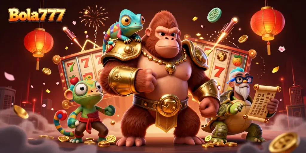 Bola777 menampilkan raja gorila berkekuatan dalam armor emas bersama teman chameleon di pesta judi