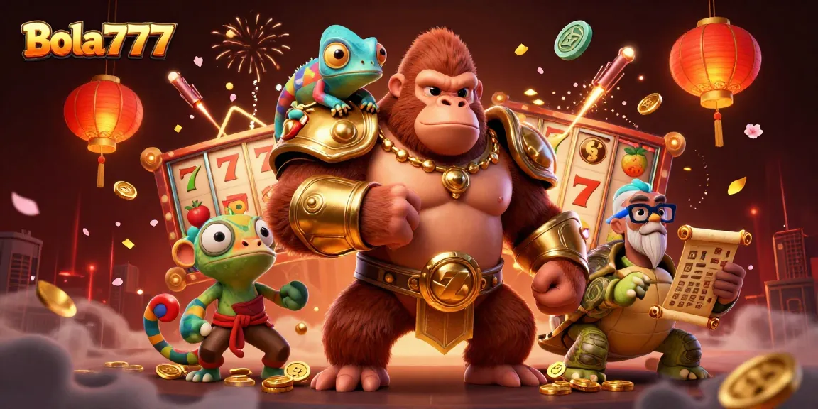 Bola777 menampilkan raja gorila berkekuatan dalam armor emas bersama teman chameleon di pesta judi