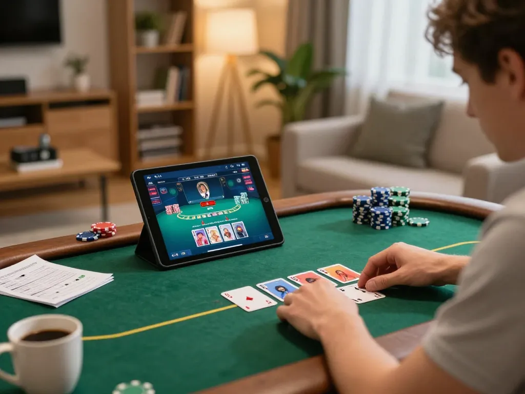 Engaging in an online poker game at home, user focused on tablet screen showcasing vin88tp game strategy