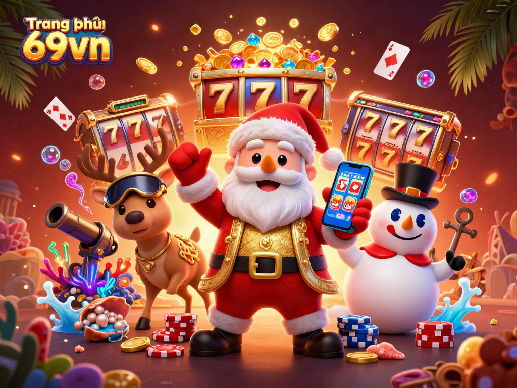 Engage with excitement at Trang chủ 69vn featuring Santa and friends in a vibrant casino scene.