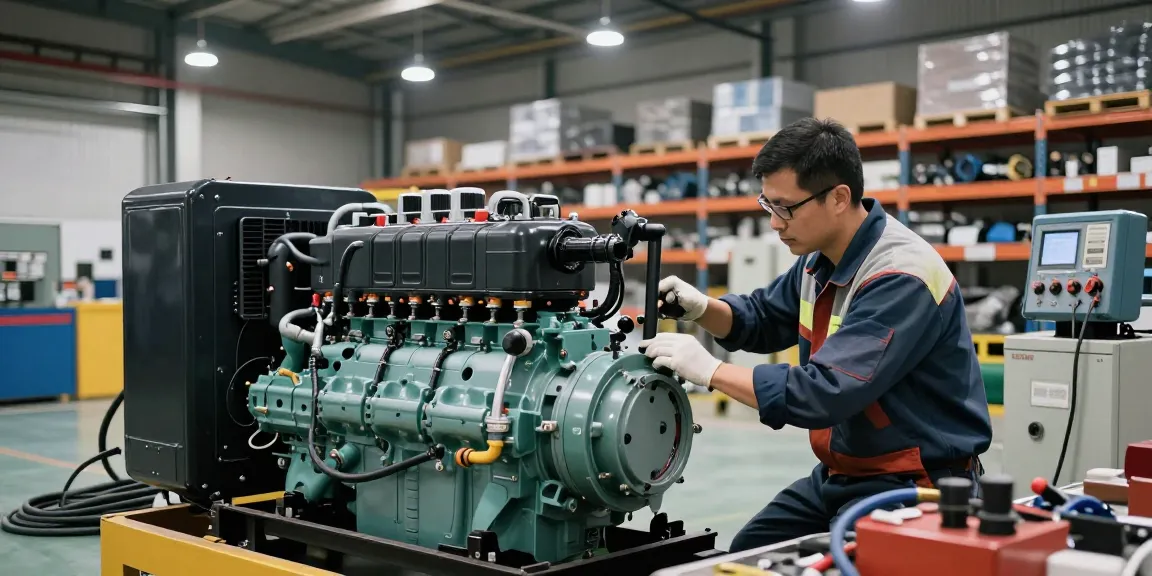 Technician servicing a diesel genset in an industrial warehouse environment, highlighting engine and maintenance tools.