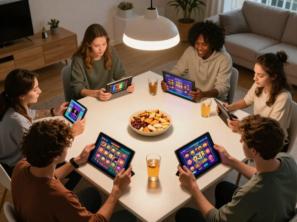 Players enjoying a thrilling session of slot depo 3k games on mobile devices in a cozy living room setting.