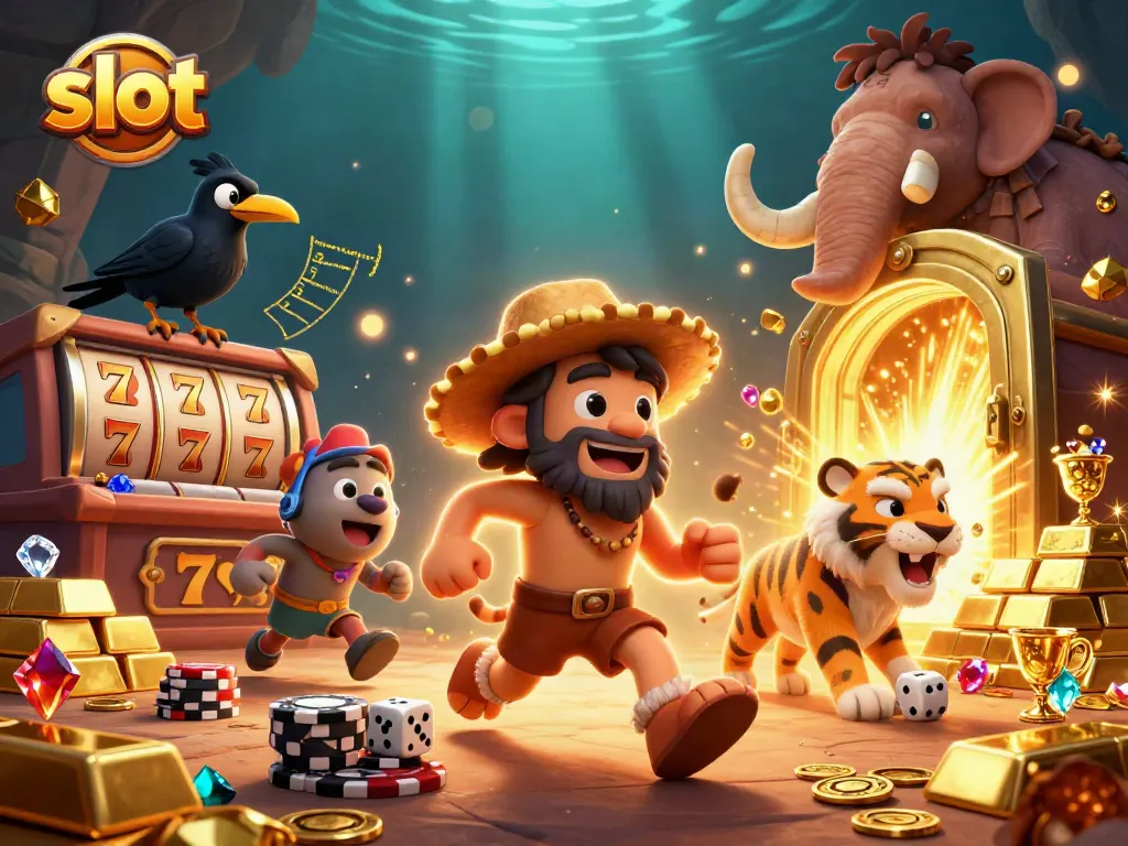Engage in exciting slot gameplay with colorful 3D characters at a prehistoric casino.