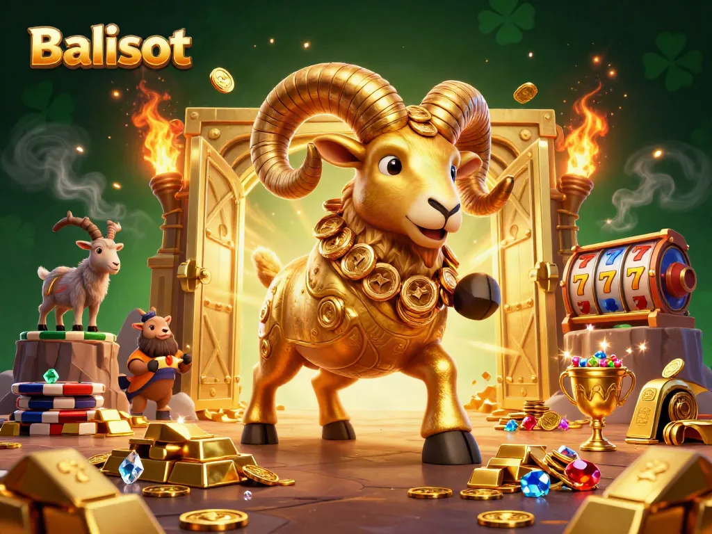 Balislot reveals a vibrant 3D cartoon illustration featuring a golden ram charging through a treasure vault, surrounded by slot game visuals.