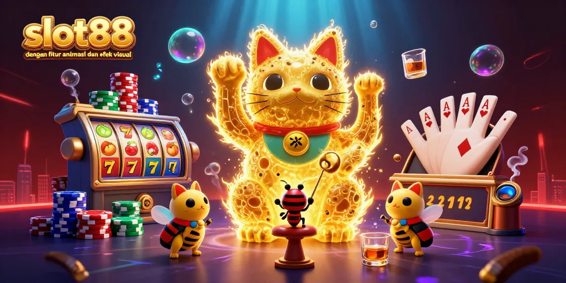 Slot88 dengan fitur animasi dan efek visual menampilkan kucing keberuntungan yang dikelilingi simbol slot berwarna.