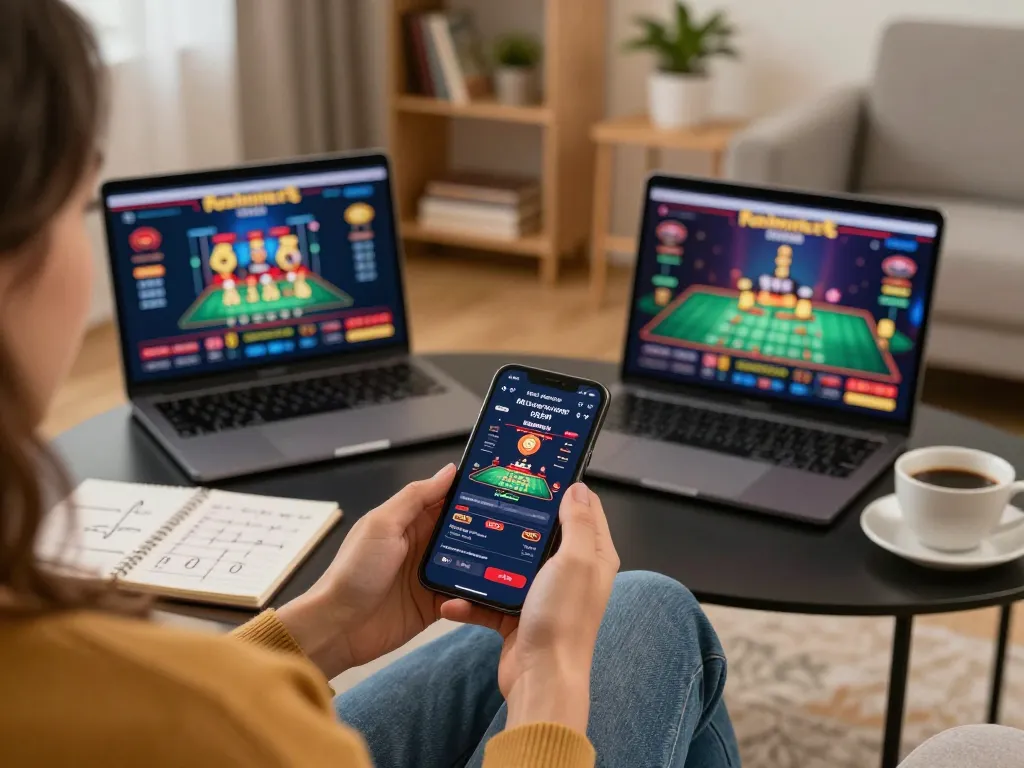 Engaging with thabet app on smartphone during cozy home gaming experience.