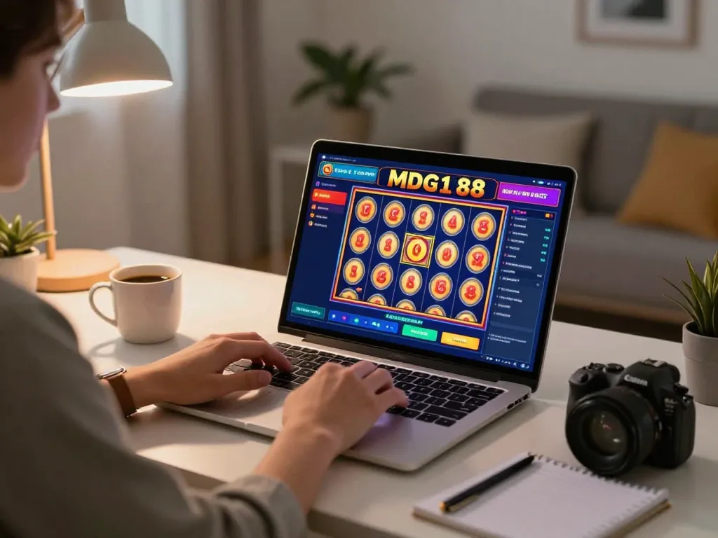 Player spins the reels on MDG188 online slots from their cozy home setup, showcasing responsible gaming.