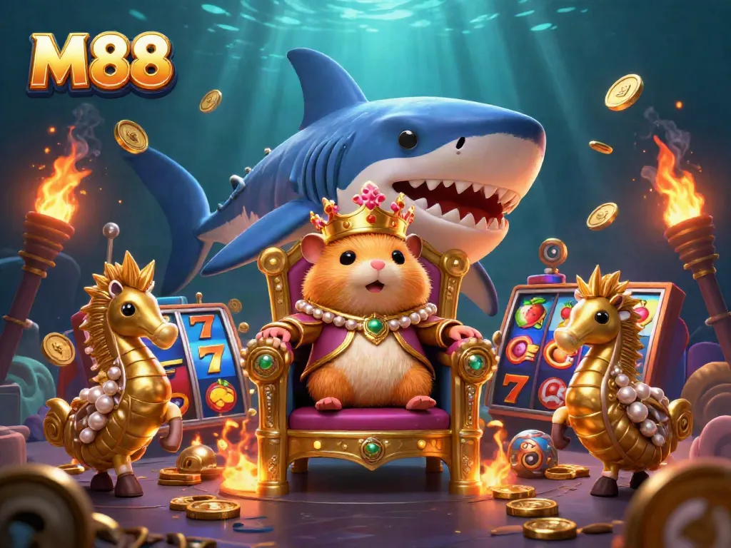 Experience thrilling M88 slots with a fierce golden hamster king in an animated underwater scene.