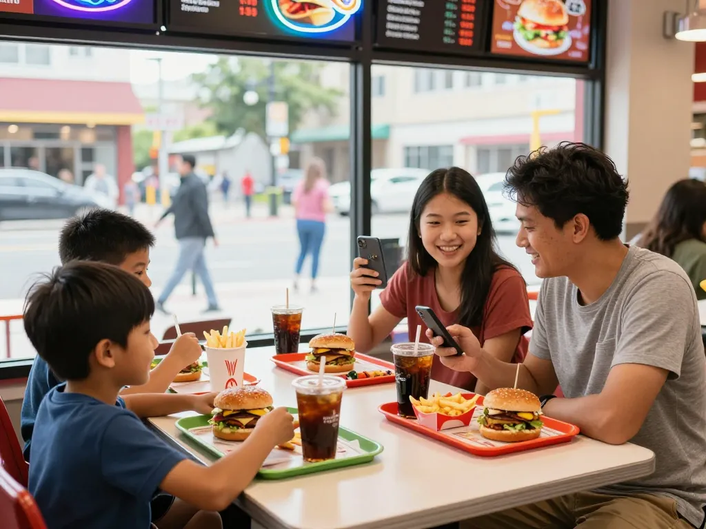 Cheerful family dining at a fast food restaurant discussing fast food prices.