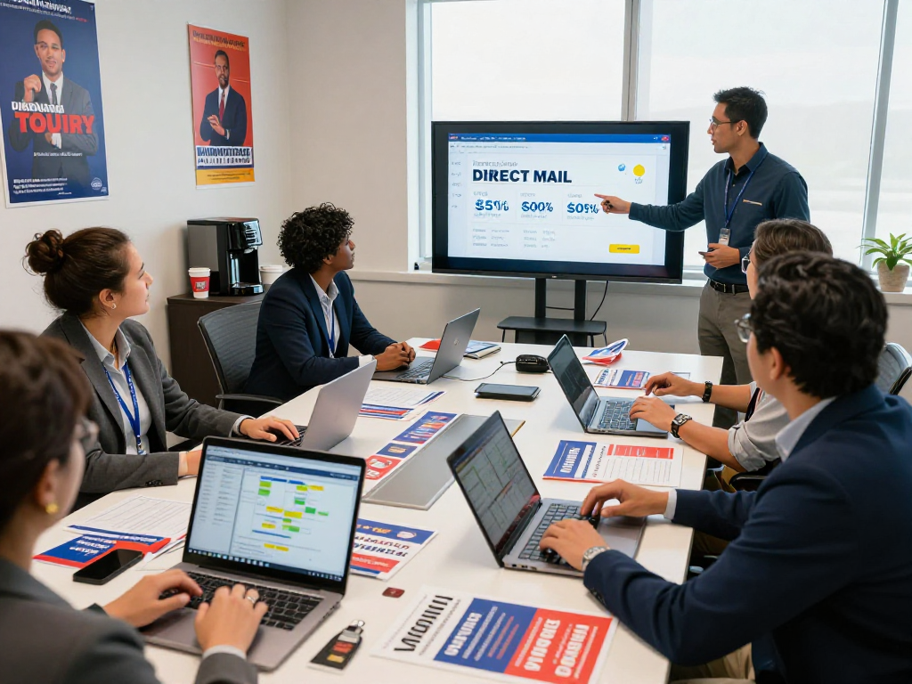 Explore how much does political direct mail cost in a vibrant campaign strategy office setting with strategists collaborating.