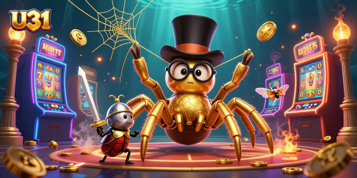 Spin to win with U31's giant golden tarantula and arcade elements in a vibrant casino scene.