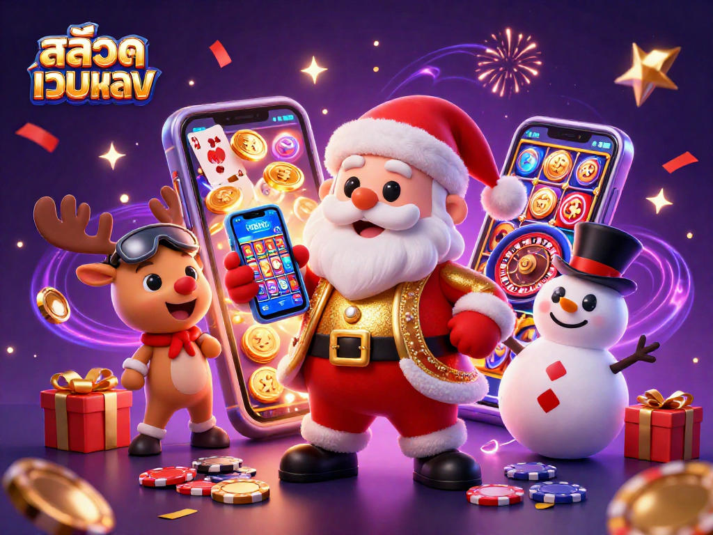 Spin the jackpot slots with สล็อตเว็บตรง as Santa, a reindeer dealer, and a poker chip snowman celebrate together!