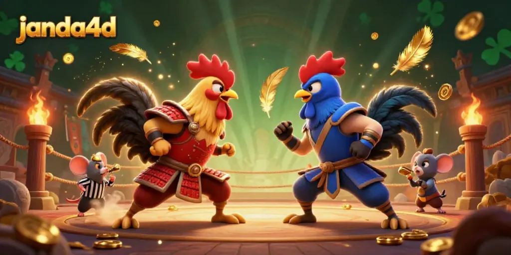 Janda4d menghadirkan duel sengit antara ayam petarung yang dramatis, dengan nuansa kasino yang penuh warna.