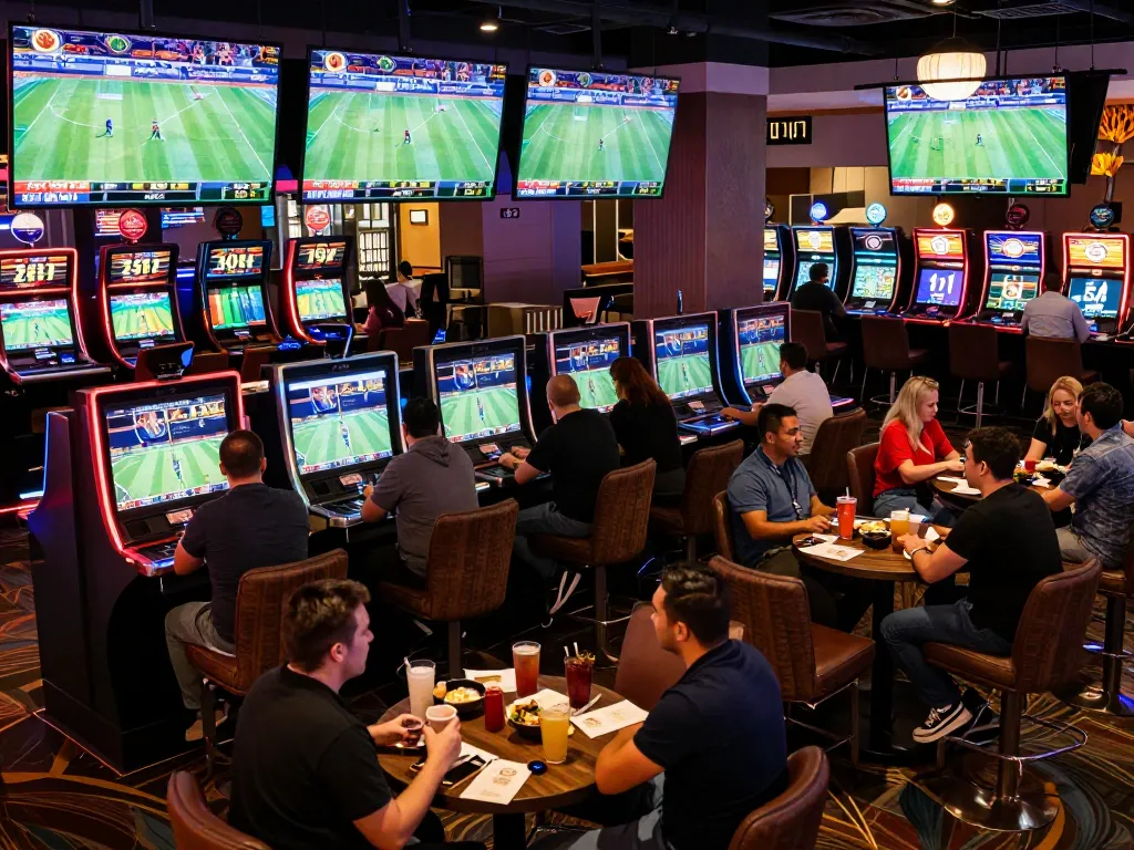 ho88 sports betting lounge featuring excited patrons analyzing games and placing bets