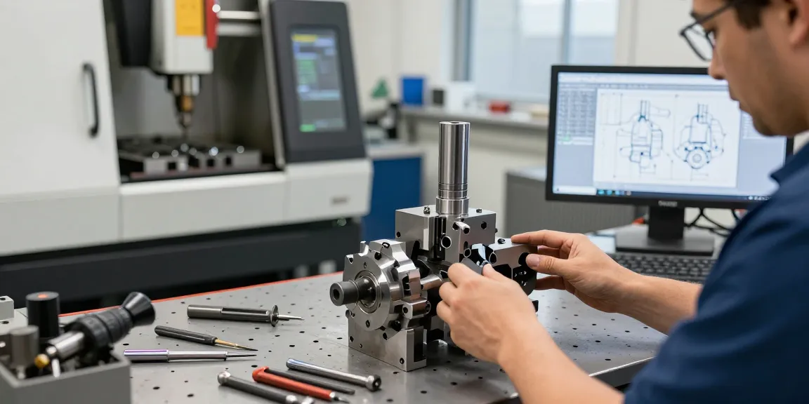 CNC machining parts being inspected by a technician in a modern workshop environment.