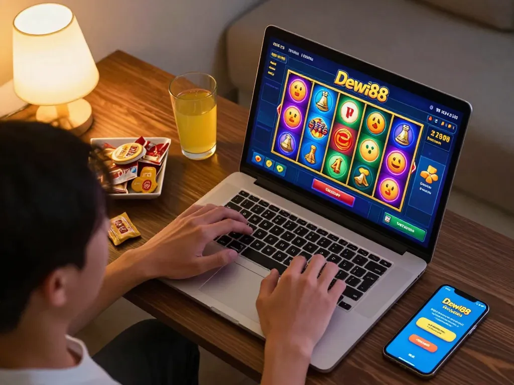 Pemain Dewi88 berinteraksi dengan permainan slot online yang menarik di rumah, gulungan warna-warni dan suasana yang nyaman.