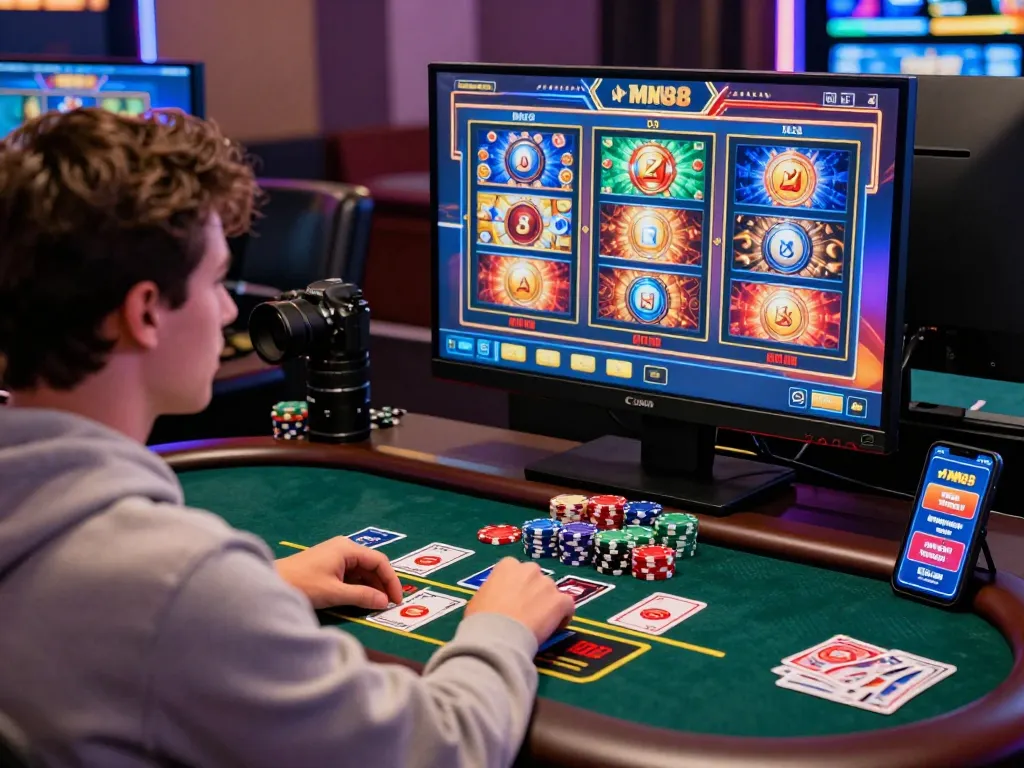 Engaged player enjoying online betting at MM88, surrounded by colorful gaming graphics and casino elements.